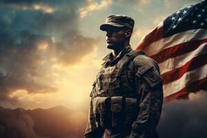 ai generiert ein Soldat ist halten ein amerikanisch Flagge während suchen beim Sonnenuntergang foto