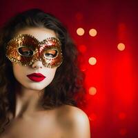 ai generiert Porträt von schön aufwendig weiblich Maske beim Karneval gras isoliert rot Hintergrund foto