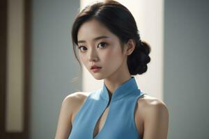 ai generiert perfekt schön Koreanisch Frau tragen Blau Kleid foto