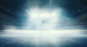 ai generiert das Scheinwerfer reflektieren auf ein Eis Eishockey Tor foto