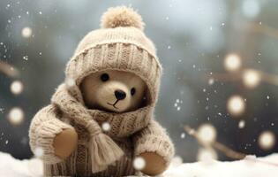 ai generiert Winter Bär im Schal und Hut foto