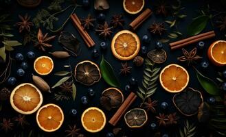 ai generiert Winter Gewürze und verschiedene Orangen auf ein schwarz Hintergrund foto