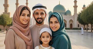 ai generiert arabisch Muslim Familie im Vorderseite von ein Moschee foto