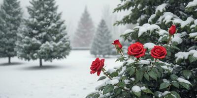 ai generiert Garten von rot Rose und Weihnachten Baum im ein schneebedeckt Wetter foto