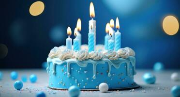 ai generiert hell Kerzen auf ein Blau Geburtstag Kuchen, foto