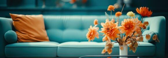 ai generiert ein Orange Couch und Orange Blumen foto