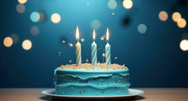 ai generiert Geburtstag Kuchen zwei Kerzen auf oben von ein Blau Kuchen auf das Tabelle foto