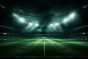 ai generiert ein leeren Fußball Stadion mit Scheinwerfer foto