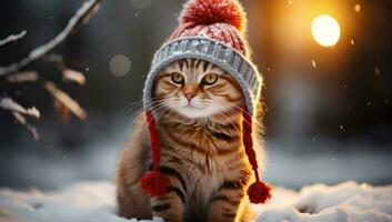 ai generiert ein bezaubernd Tabby Katze ist tragen ein Santa Hut, foto
