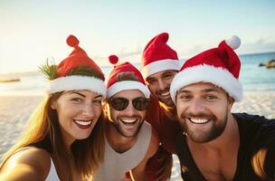 ai generiert ein Gruppe von Menschen nehmen ein Selfie im Santa Hüte, foto