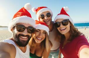 ai generiert ein Gruppe von Menschen nehmen ein Selfie im Santa Hüte, foto