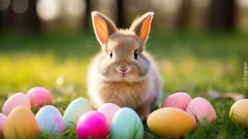 ai generiert süß Hase mit ein Rosa Bogen Sitzung im ein grasig Feld mit bunt Ostern Eier im das Hintergrund foto