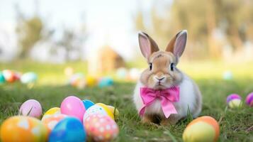 ai generiert süß Hase mit ein Rosa Bogen Sitzung im ein grasig Feld mit bunt Ostern Eier im das Hintergrund foto