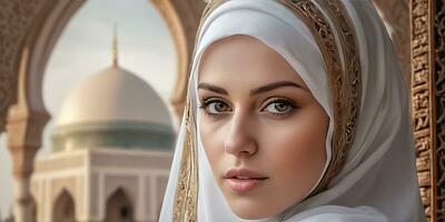 ai generiert ein schön Frau tragen ein Kopftuch im Vorderseite von ein Moschee foto