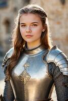 ai generiert ein jung Frau im mittelalterlich Rüstung Stehen im Vorderseite von ein Schloss foto