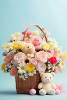 ai generiert ein bunt Ostern Korb überfüllt mit Pastell- Eier und Frühling Blumen auf ein Blau Hintergrund foto