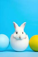 ai generiert ein spielerisch Bild von ein Weiß Hase spähen aus von ein bunt Ostern Ei foto