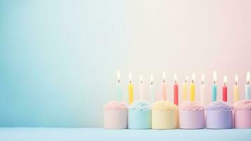 ai generiert Geburtstag Kerzen auf Pastell- Hintergrund mit Kopieren Raum foto