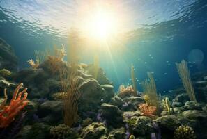 ai generiert ein felsig unter Wasser Umgebung mit das Sonne strahlend Nieder auf Pflanzen, foto