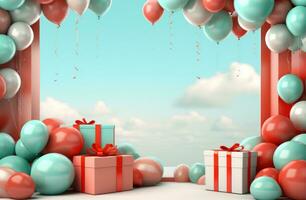 ai generiert ein abstrakt Geburtstag Hintergrund mit Luftballons und Geschenke, foto