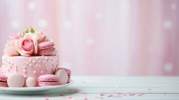 ai generiert Geburtstag Kuchen Pastell- Hintergrund mit Kopieren Raum foto