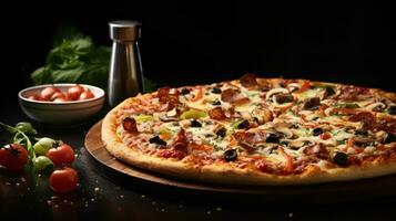 ai generiert Pepperinu Pizza auf schwarz Hintergrund mit Kopieren Raum foto