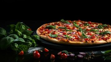 ai generiert Pepperinu Pizza auf schwarz Hintergrund mit Kopieren Raum foto