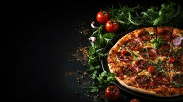 ai generiert Pepperinu Pizza auf schwarz Hintergrund mit Kopieren Raum foto