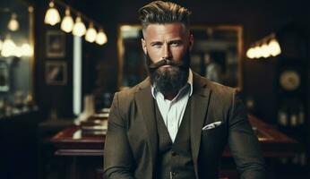 ai generiert ein bärtig Gentleman im ein Barbier Geschäft foto