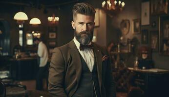 ai generiert ein bärtig Gentleman im ein Barbier Geschäft foto