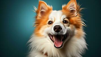 ai generiert ein glücklich Hund auf ein Farbe Hintergrund foto