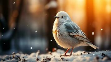 ai generiert ein Vogel beim Ast - - verschwommen Wald Aussicht im Hintergrund mit schneit, Nahansicht foto