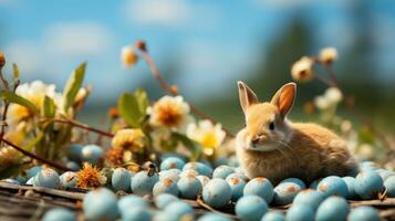 ai generiert Frühling Grün Wiese mit Ostern effs und Hase gegen Blau Himmel, foto