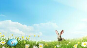 ai generiert Frühling Grün Wiese mit Ostern effs und Hase gegen Blau Himmel, foto