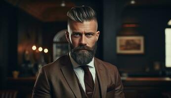 ai generiert ein bärtig Gentleman im ein Barbier Geschäft foto