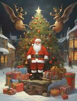 ai generiert Weihnachten dekorativ mit Geschenk Box und Schneeflocke auf Weihnachten Baum und fröhlich Weihnachten und glücklich Neu Jahr. Winter Urlaub Feier Attrappe, Lehrmodell, Simulation Grün Farbe foto