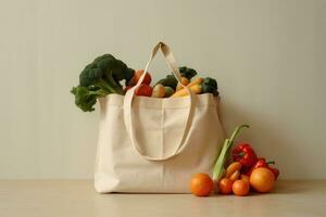 ai generiert ein Tasche von Gemüse auf ein Arbeitsplatte foto