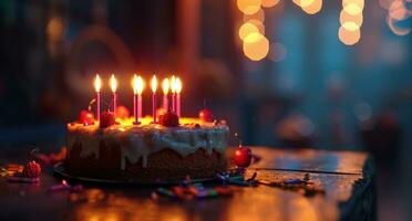 ai generiert ein Geburtstag Kuchen mit Kerzen Das freunde sind feiern foto