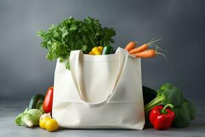 ai generiert ein Blau Segeltuch Tasche Tasche ist gefüllt mit Gemüse foto