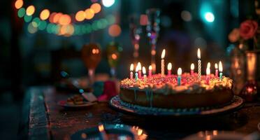 ai generiert ein Geburtstag Kuchen mit Kerzen Das freunde sind feiern foto