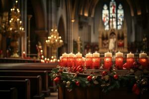 ai generiert ein Kirche gefüllt mit Weihnachten Dekorationen und Kerzen foto