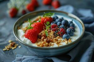 ai generiert ein Schüssel von Getreide, Granola, Beeren und Chia Saat foto