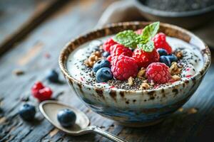 ai generiert ein Schüssel von Getreide, Granola, Beeren und Chia Saat foto