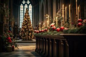 ai generiert ein Kirche gefüllt mit Weihnachten Dekorationen und Kerzen foto