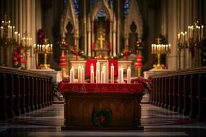 ai generiert ein Kirche gefüllt mit Weihnachten Dekorationen und Kerzen foto