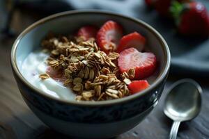 ai generiert ein Schüssel von Getreide, Granola, Beeren und Chia Saat foto