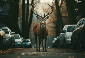 ai generiert ein schön Hirsch steht auf das Straße im das Wald foto