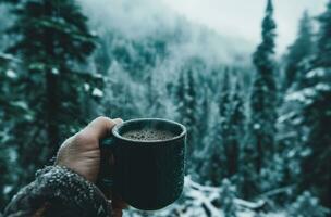 ai generiert ein Hand halten ein Kaffee Tasse Über ein neblig Herbst Wald foto