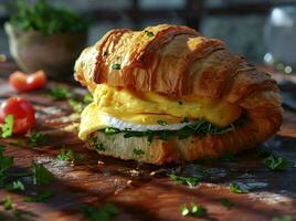 ai generiert ein Croissant Sandwich und ein Tasse von Kaffee sind auf oben von ein Teller foto