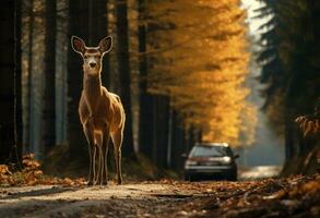 ai generiert ein schön Hirsch steht auf das Straße im das Wald foto